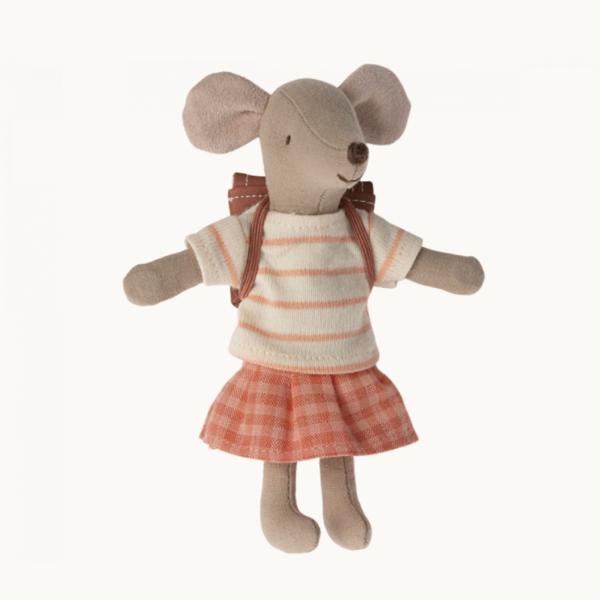 Maileg |  Big Sister With Bag -Tricycle Mouse – Coral Maileg Maileg